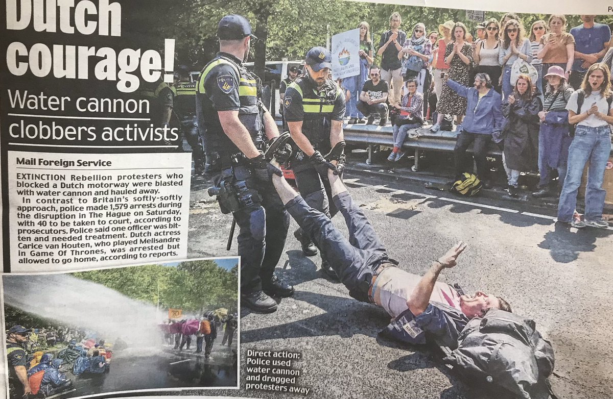 In contrast to the @metpoliceuk softly softly oh so Liberal approach to protesters blocking roads. #DutchPolice used water cannon and made 1,579 arrests when Ext Rebellion blocked a motorway ☝️#DutchCourage