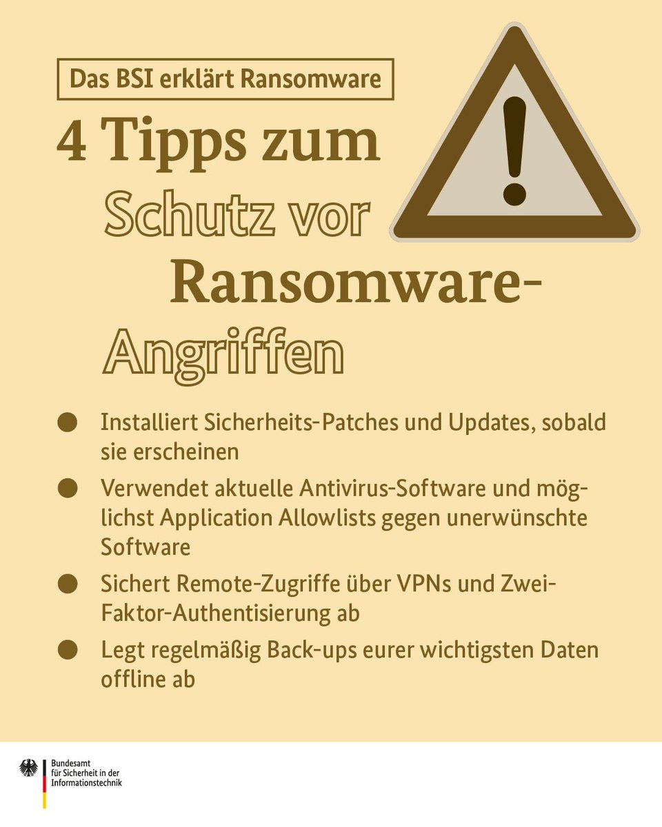 BSI_Bund's tweet image. Ransomware wird von Cyber-Kriminellen benutzt, um den Zugriff auf Daten und Systeme einzuschränken. Meist wird von den Opfern der Schadsoftware ein Lösegeld (englisch: Ransom) verlangt. Mehr Infos dazu findet ihr hier: ➡bsi.bund.de/dok/1064216

#DeutschlandDigitalSicherBSI