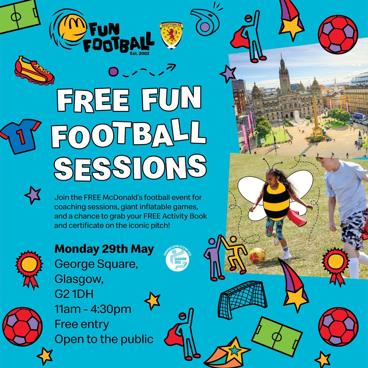 ☀️ The sun is out and the free @FunFootballUK sessions are ready to go in Glasgow’s George Square. Come down between 11am and 4.30pm today to take part in the Big Kickabout event ⚽️