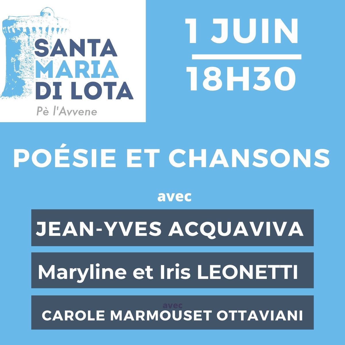 MFBereniCanazzi's tweet photo. #SantaMariadiLota #Isula #Litterature #acultura #Omaraeditions #Poesie #viastella
Casa Culturale Miomu - 1er juin 18h30
Poésie et chansons
la municipalité propose une rencontre culturelle ,
Maryline et Iris Leonetti, Carole Marmouset Ottaviani, et Jean-Yves Acquaviva ; https://t.co/GHPsSsL3WA