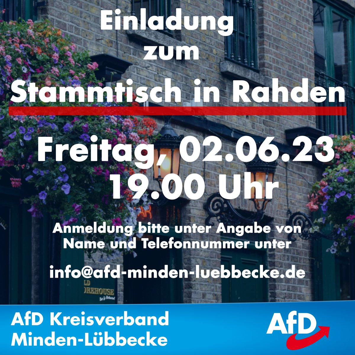 afdmindenluebbe's tweet photo. Einladung zum Stammtisch in Rahden am Freitag, 02.06., 19 Uhr. Anmeldung unter info@afd-minden-luebbecke.de #afd #minden #portawestfalica #badoeynhausen #hille #petershagen #espelkamp #rahden #stemwede #lübbecke #hüllhorst #huellhorst #preußischoldendorf #preussischoldendorf https://t.co/wYjVhGSV4z