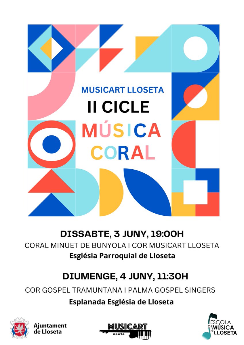 👉🏻Aquest cap de setmana, amb la Fira de la Sabata, arriba el II Cicle de Música Coral a Lloseta.🎶

🎤Ens visitaran la Coral Minuet de Bunyola, el Cor Gospel Tramuntana i el Palma Gospel Singers, a més dels anfitrions, el Cor Musicart Lloseta.

Hi estau tots convidats! 🎉🥳🎶