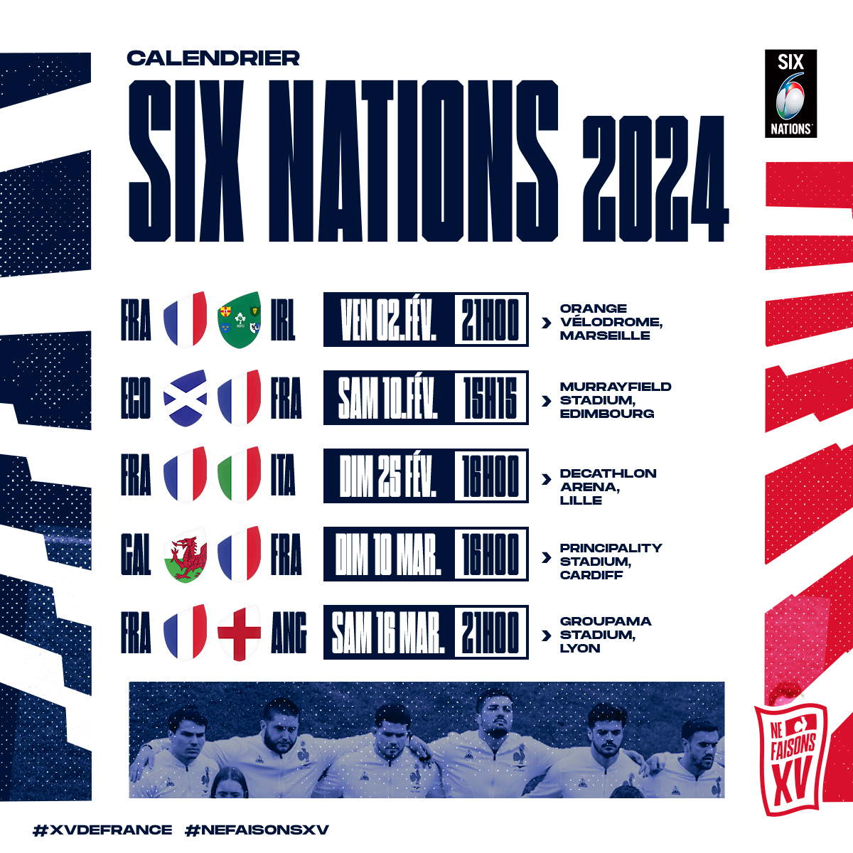 FranceRugby's tweet photo. 🏟️ Nous sommes très heureux de vous annoncer les stades où se joueront les rencontres du #XVdeFrance pour le @SixNations_FR 2024 !

🇫🇷☘️ #FRAIRL à l'@orangevelodrome le 2/2/24 !
🇫🇷🇮🇹 #FRAITA à la @DecathlonArena le 26/2/24 !
🇫🇷🏴󠁧󠁢󠁥󠁮󠁧󠁿 #FRAANG au @GroupamaStadium le 16/3/24 !

🚨 Inscrivez-vous aux alertes sur https://t.co/iKaoIwkWbm pour ne pas rater la mise en vente ! 😉