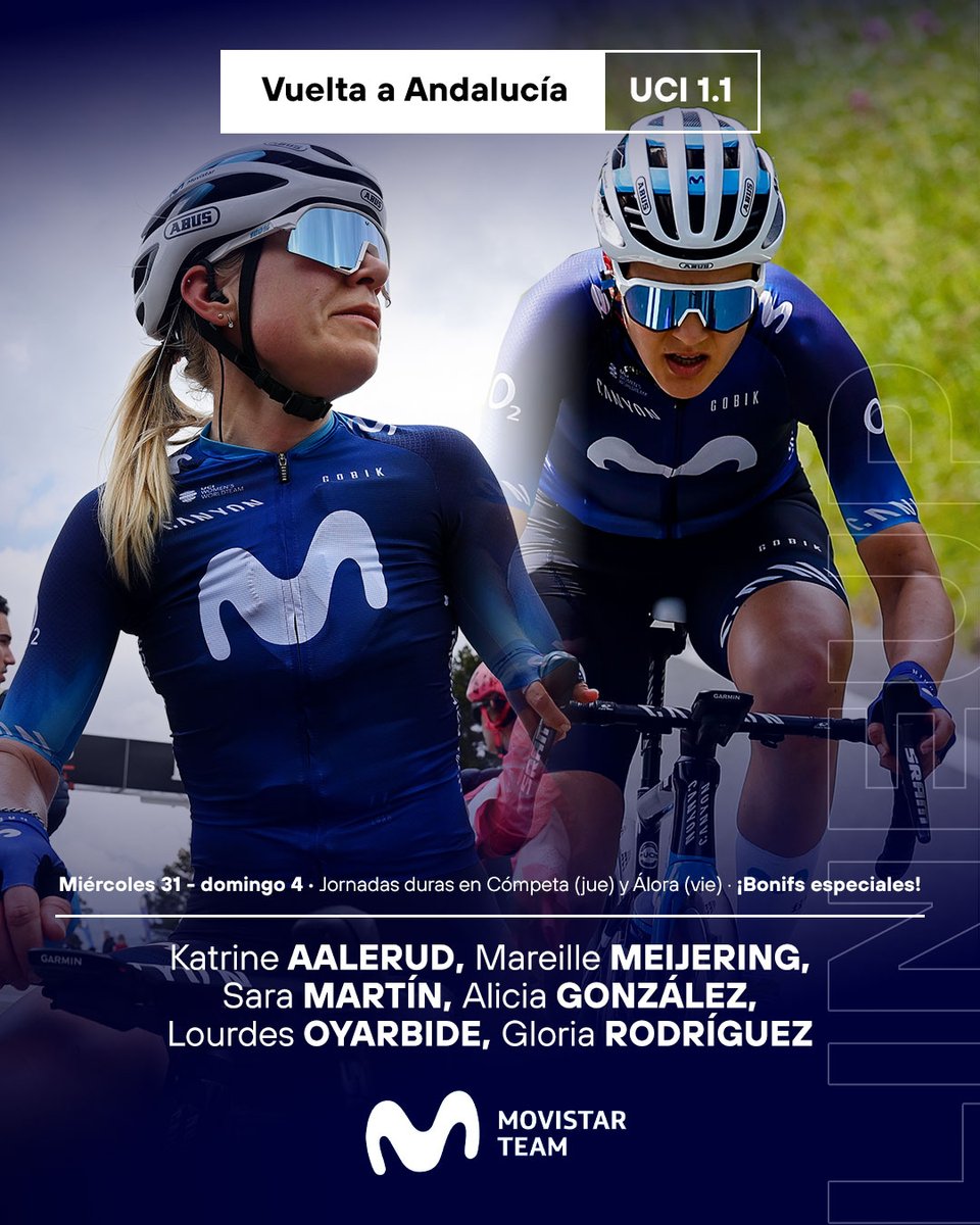 Esencia Ciclista (@esenciaciclista) on Twitter photo ✅️ Confirmada la alineación de <a href="/Movistar_Team/">Movistar Team</a> para <a href="/VCAwomen/">Vuelta a Andalucia Women</a>
➡️ <a href="/KatrineAalerud/">Katrine Aalerud</a>
➡️ Meijering
➡️ <a href="/SamartinmartinA/">Sara Martín</a>
➡️ <a href="/Aliciaglez3/">Alicia González</a>
➡️ <a href="/Lourdes_OJ/">Lourdes Oyarbide</a>
➡️ <a href="/Glo__Rodriguez/">Gloria Rodriguez</a>
#EsenciaCiclista #MovistarTeam ✅️ Confirmada la alineación de <a href="/Movistar_Team/">Movistar Team</a> para <a href="/VCAwomen/">Vuelta a Andalucia Women</a>
➡️ <a href="/KatrineAalerud/">Katrine Aalerud</a>
➡️ Meijering
➡️ <a href="/SamartinmartinA/">Sara Martín</a>
➡️ <a href="/Aliciaglez3/">Alicia González</a>
➡️ <a href="/Lourdes_OJ/">Lourdes Oyarbide</a>
➡️ <a href="/Glo__Rodriguez/">Gloria Rodriguez</a>
#EsenciaCiclista #MovistarTeam