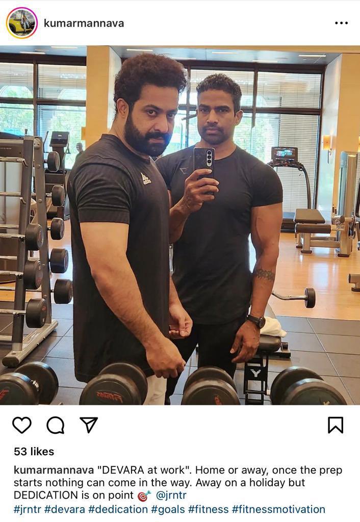 Dedication knows no bounds, even when on holiday. Our man never takes a leave! 💪🏼 Our #Devara @tarak9999’s personal trainer Kumar on his Instagram.