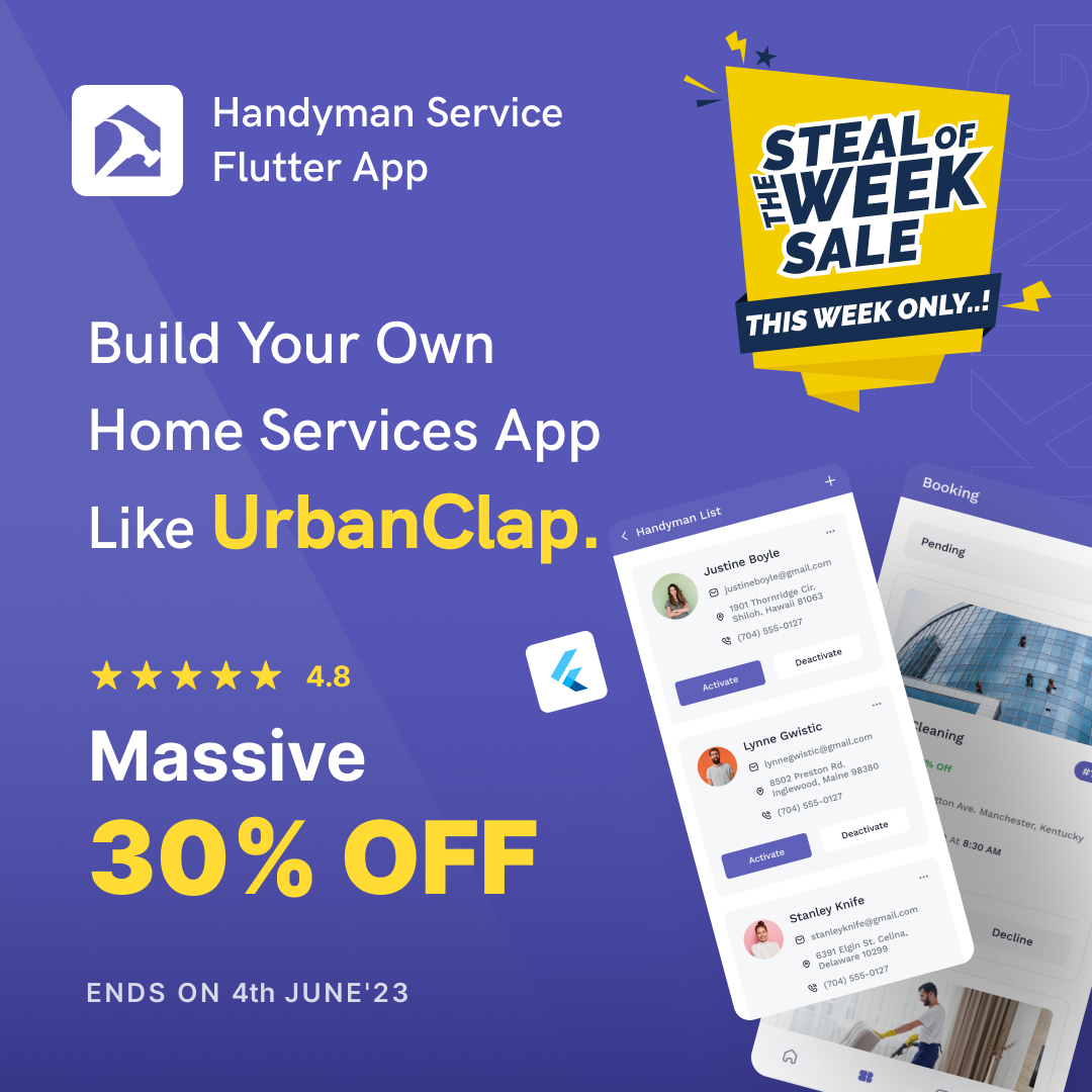 Looking for quality home services without spending a fortune? Look no further than the #HandymanFlutterondemandapp! With their steal-of-the-week sale, you can get up to 30% off on all their complete solutions.

Link:- bit.ly/3qehrmr

#handymanapp #iqonicsale #flutterapp
