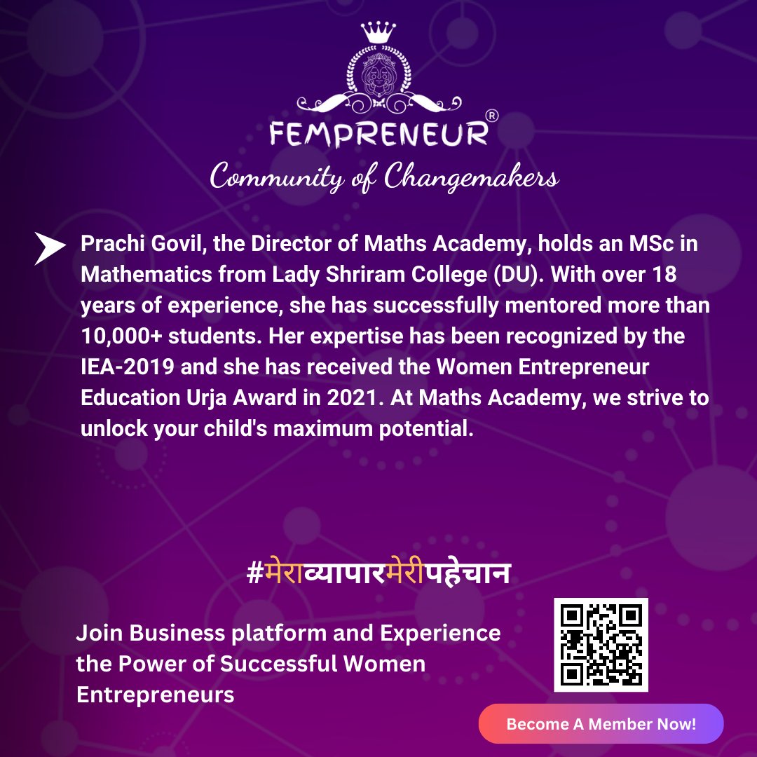 We are delighted to welcome our New Member Prachi Govil-Founder, MATHS Academy 

Become A Member Now: bit.ly/402MNbP

#fempreneurcommunity #community #1MillionMission #Networking #growing #growbusiness #WomenInBusiness #entrepreneurs #Eucation #Academy