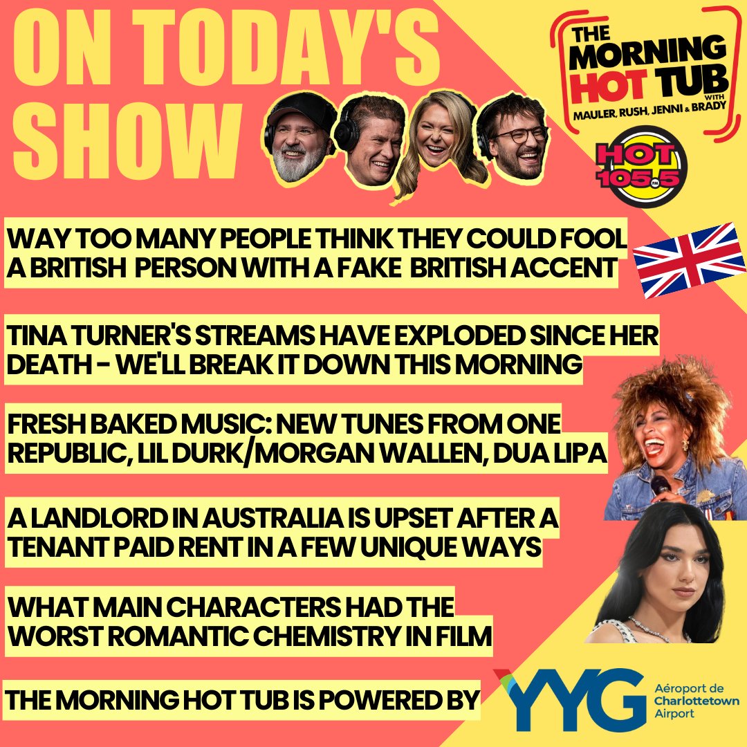 Well hello there….Monday. Sunny. Windy. High 10.

It’s Mauler, Rush, Jenni and Brady in the Morning Hot Tub for YYG Charlottetown Airport and we have exactly the thing you need to make your Monday….tolerable.   US!

<a href="/flyYYG/">YYG Charlottetown Airport</a>