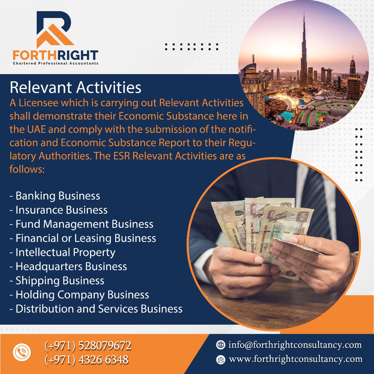 The ESR Relevant Activities are as follows:
.
📞Call us now (+971) 43266348, (+971) 52 807 9672
.
.
#forthrightcompany #forthrightconsultancyinuae #uaecorporate #taxregistration #accountingservices #government #corporatetax #viralpage #taxrateupdates #forthrightconsultancy