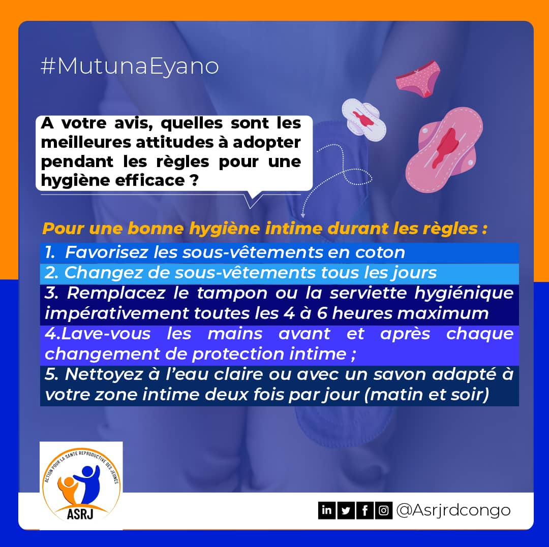 SMunyiogwarha's tweet image. #JMHygièneMenstruelle
Nous nous sommes engagés à faire de la menstruation,un fait normal de la vie de la femme en âge de procréer.

Trouvez à Gauche les #meilleures attitudes et à Droite les attitudes à #éviter pour une hygiène menstruelle efficace. @NLkinbrazza
@SwedeninDRCongo