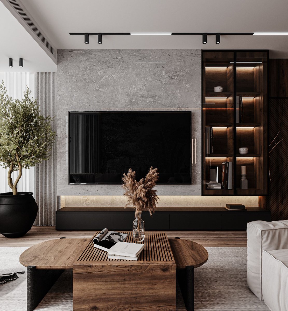 'Embrace the timeless elegance of a grey and wooden living room, where warmth meets sophistication. Visit us for more such ideas oraanj-interiors.co.uk #GreyLivingRoom #WoodenInteriors #TimelessDesign #Oraanjinteriors #ModernLiving #CozySpaces #InteriorDesign