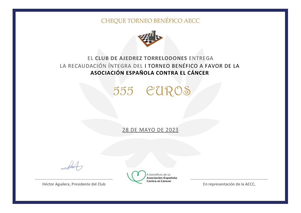 ajedrez_torre's tweet photo. Gran Éxito de Participación y Recaudación en el Torneo Benéfico a favor de la AECC
El joven ajedrecista Marcos Collado se impuso en el torneo, con 6.5 puntos en 7 rondas.
La recaudación total asciende a 555 euros, que se entregan íntegramente a la #AECC https://t.co/HCXGnDfp6C