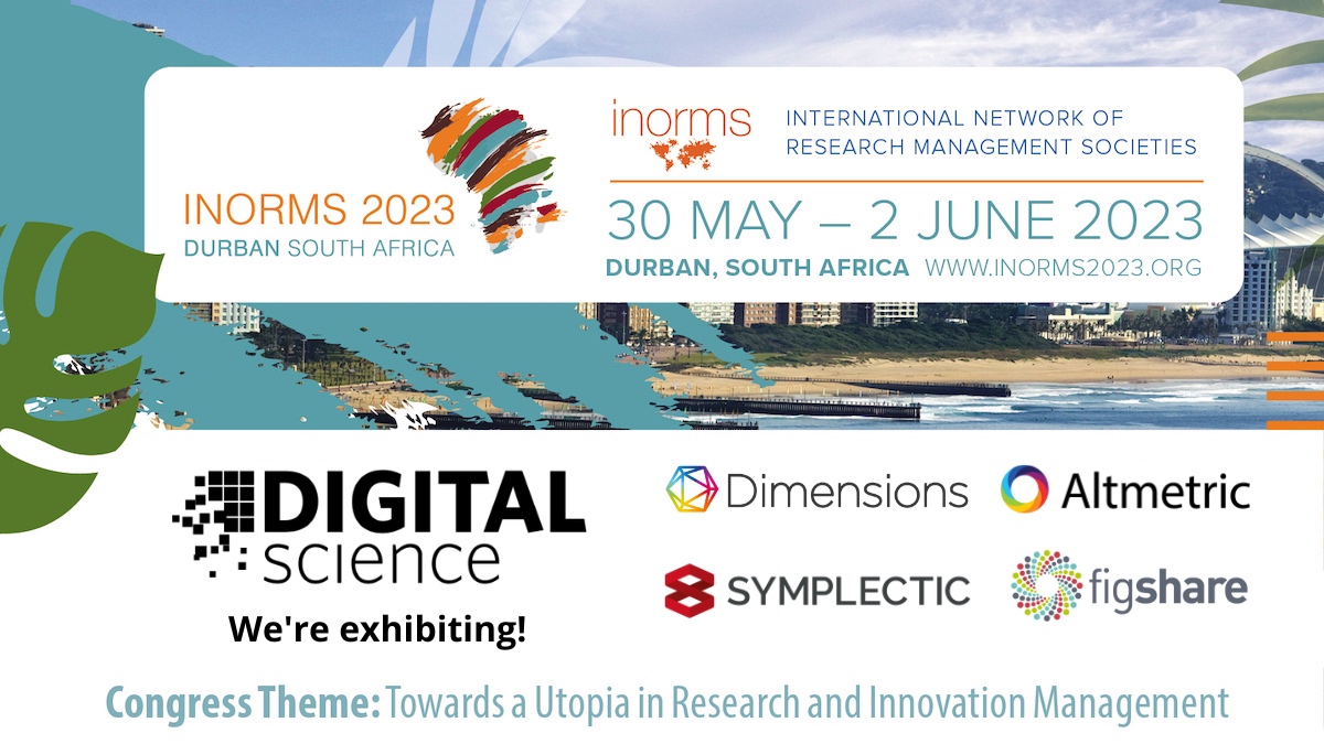 digitalsci's tweet photo. Digital Science is delighted to be exhibiting at INORMS 2023 in Durban, South Africa (30 May-2 June). ππ€©πΏπ¦π
Join us as we showcase @DSDimensions @altmetric @Symplectic & @figshare to the @INORMSCommunity. See more: https://t.co/KUNkPgjtVR
#INORMS23 #INORMS2023 #research https://t.co/hmT44yY3qv