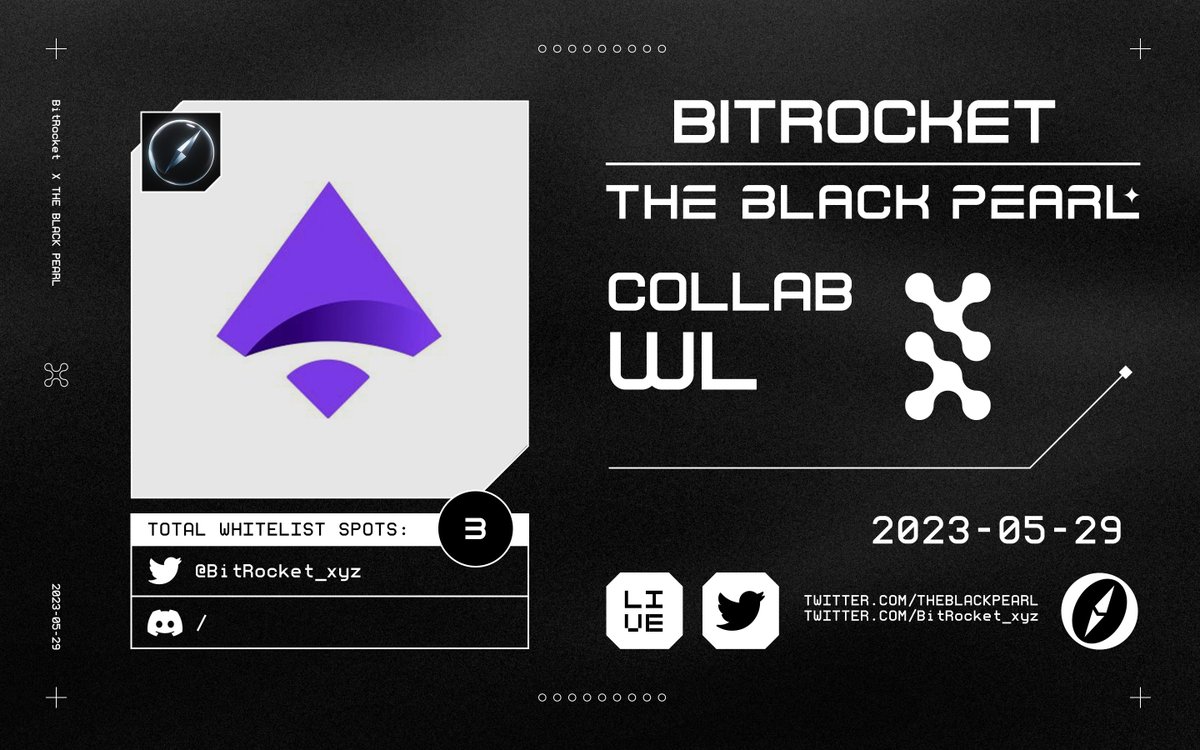 𝗧𝗕𝗣 𝘅 𝗕𝗶𝘁𝗥𝗼𝗰𝗸𝗲𝘁    

✔️𝗕𝗶𝘁𝗥𝗼𝗰𝗸𝗲𝘁 𝗪𝗟 𝘅 𝟯    

● Follow @BitRocket_xyz + <a href="/TheBlackPear1_/">The Black Pearl ⚫ | TBP Official</a>
● Like + RT + Tag 3 friends    

24H