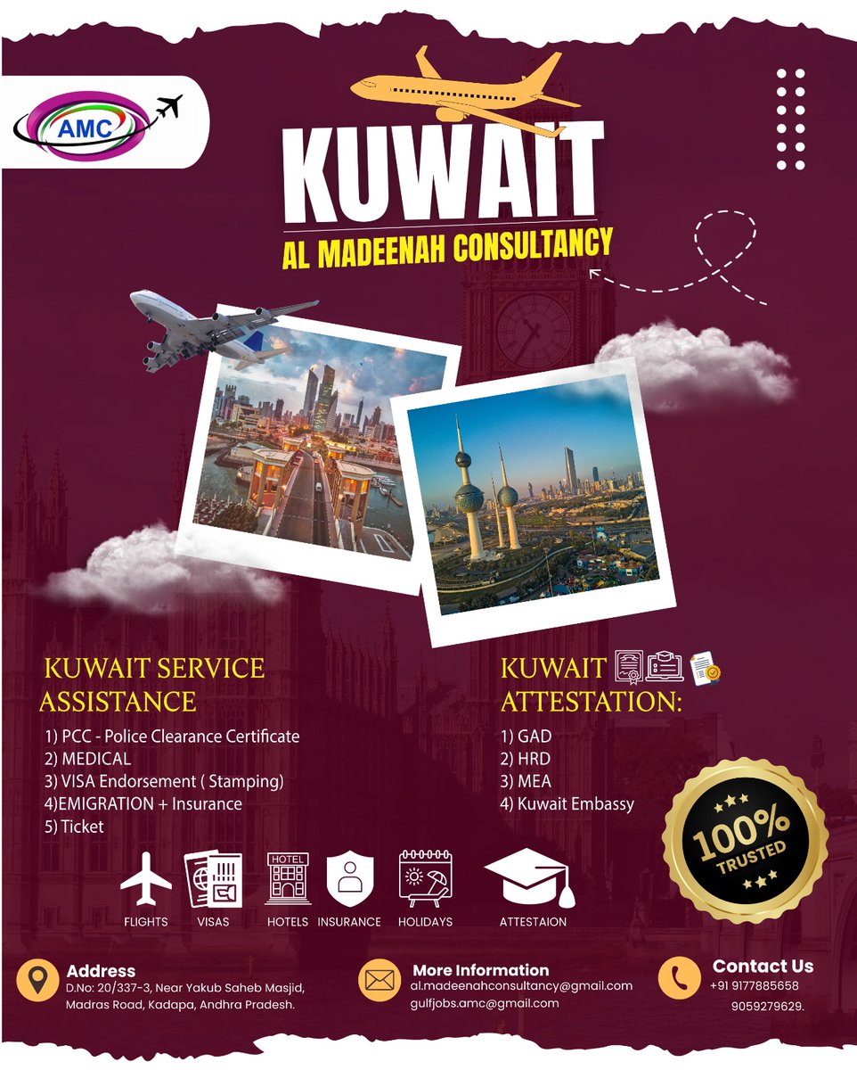 AMCConsultancy's tweet photo. Kuwait Visa Endorsement and Attestation Service in kadapa

100% Genuine and trusted Travel consultancy in kadapa https://t.co/SujVYAIJxU