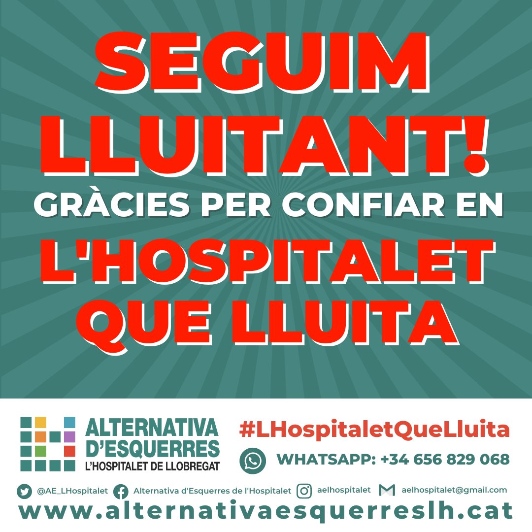 Gràcies per tot el suport rebut durant la campanya i en especial a les persones que han dipositat la seva confiança a l'<a href="/AE_LHospitalet/">Alternativa d'Esquerres de l'Hospitalet</a> !

Seguim Lluitant! #SomAELH

#LHospitaletQueLluita