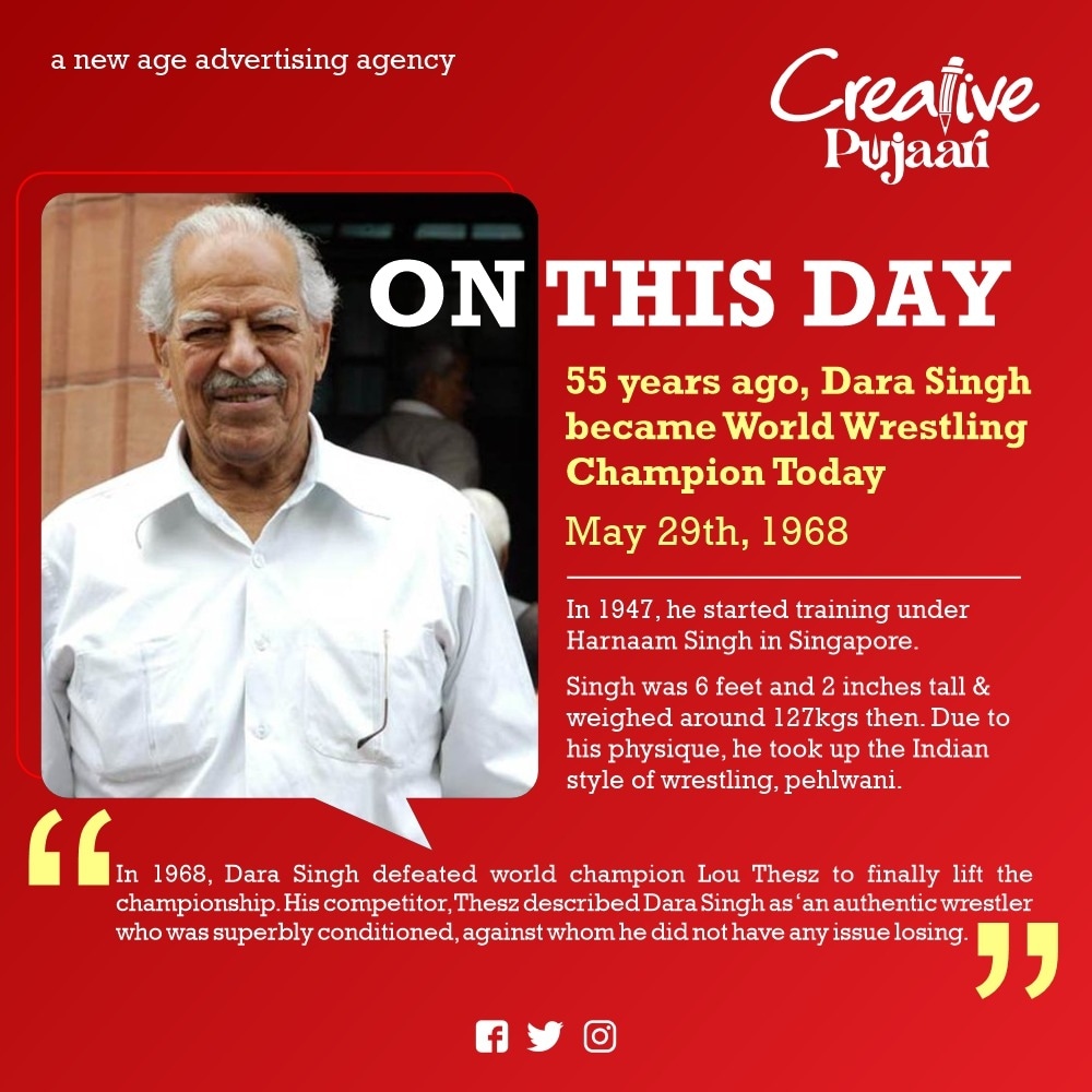 On this day 55 years ago, Dara Singh became World Wrestling Champion today

#creativepujaari #advertisingagency #dailydose #today #darasingh #worldwrestling #wrestlingchampion #wrestling