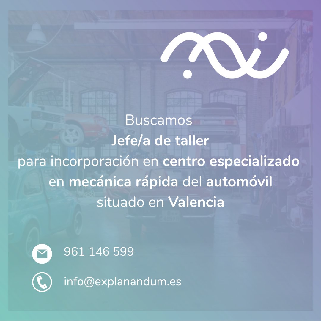 ExplanandumRRHH's tweet photo. Iniciamos búsqueda de Oficial de primera para incorporación como Responsable de taller en centro especializado en mecánica rápida del automóvil situado en Valencia.
#Explanandum #Hiring #Empleo #Vacante #VLC #ULTIMAHORA #Valencia #Taller #Motor #29Mayo #Automoción #FelizLunes https://t.co/w1ZUmUYWga