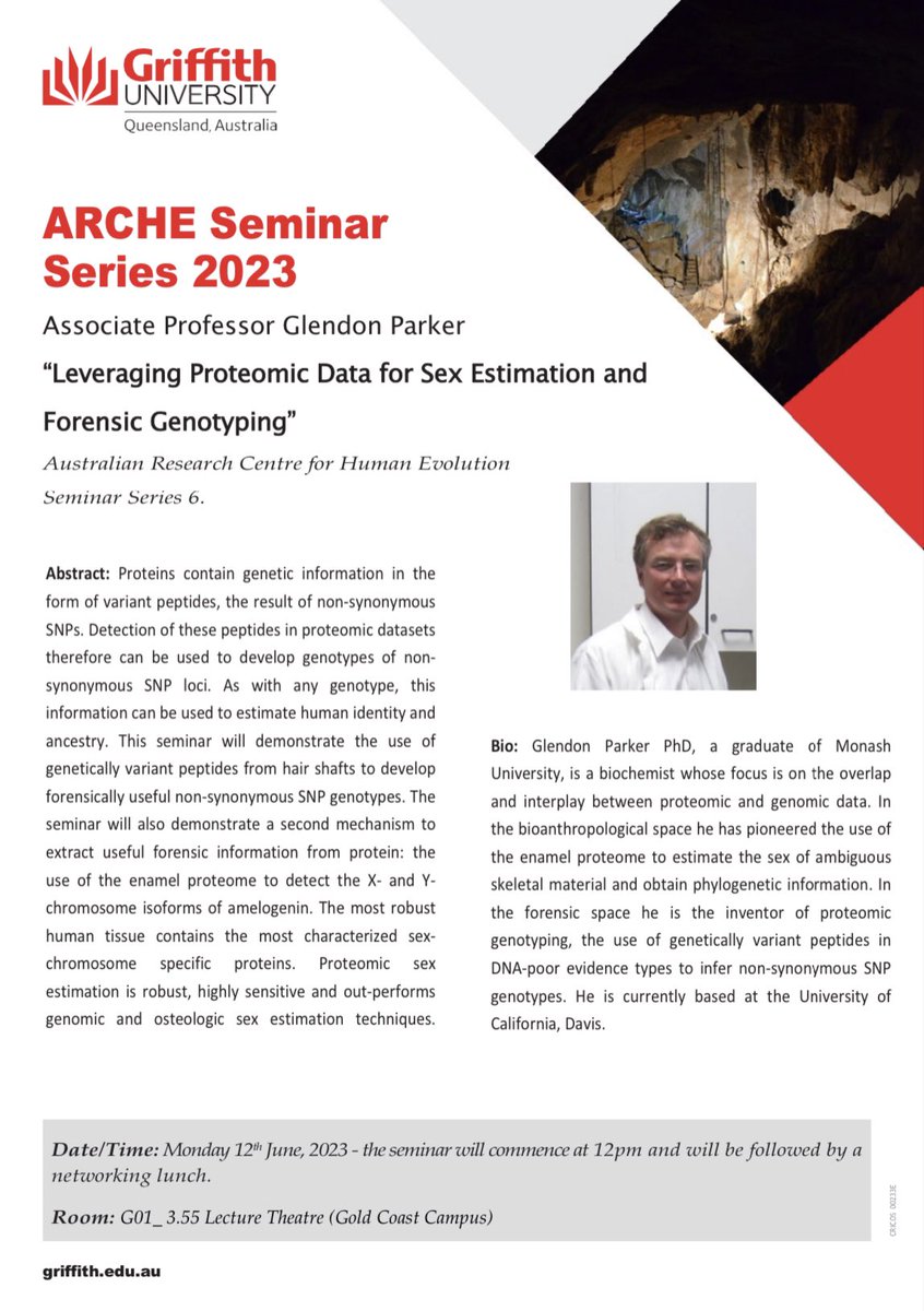Griffith University Archaeological Society (GUAS) (@gu_archsoc) on Twitter photo Mark your calendars for the next <a href="/ARCHE_Griffith/">Australian Research Centre for Human Evolution</a> Seminar & Networking event! Associate Professor Glendon Parker presents "Leveraging Proteomic Data for Sex Estimation and Forensic Genotyping”.
Date: Monday 12th June
Time: 12pm
Location: Griffith Gold Coast Campus G01_ 3.55 Mark your calendars for the next <a href="/ARCHE_Griffith/">Australian Research Centre for Human Evolution</a> Seminar & Networking event! Associate Professor Glendon Parker presents "Leveraging Proteomic Data for Sex Estimation and Forensic Genotyping”.
Date: Monday 12th June
Time: 12pm
Location: Griffith Gold Coast Campus G01_ 3.55