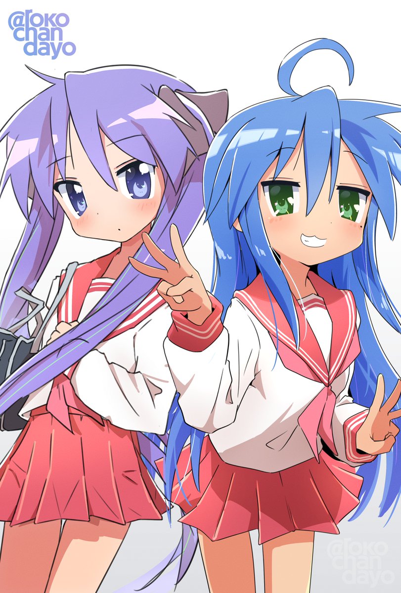 hiiragi kagami ,izumi konata multiple girls 2girls ryouou school uniform long hair school uniform serafuku blue hair  illustration images