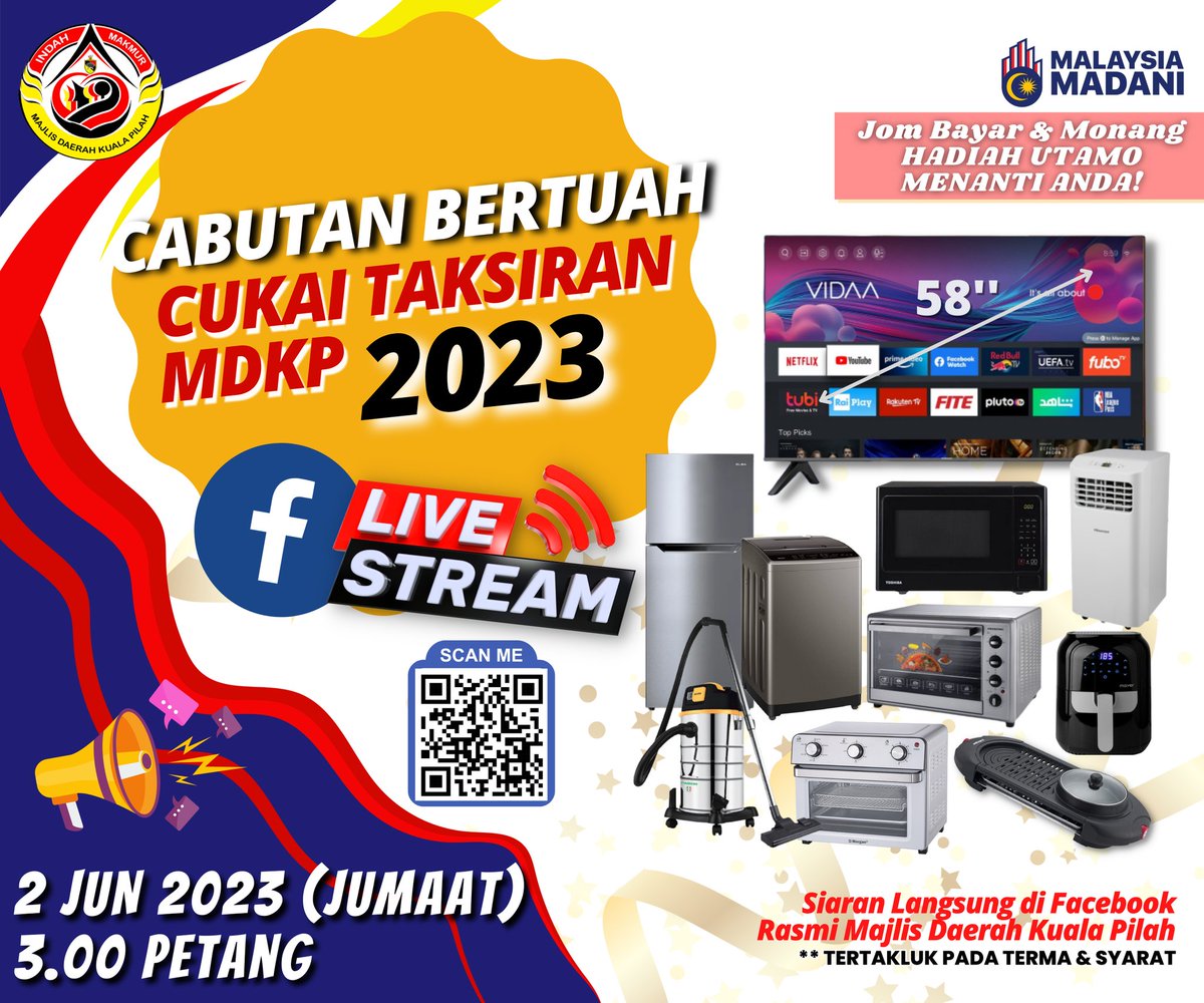 Kempen yang dinanti-nantikan oleh pembayar Cukai Taksiran Majlis Daerah Kuala Pilah iaitu Cabutan Bertuah Cukai Taksiran 2023. Sebanyak 50 hadiah berupa barangan elektrik yang menanti anda‼️

Jangan lupa saksikan siaran langsung di Facebook rasmi Majlis Daerah Kuala Pilah