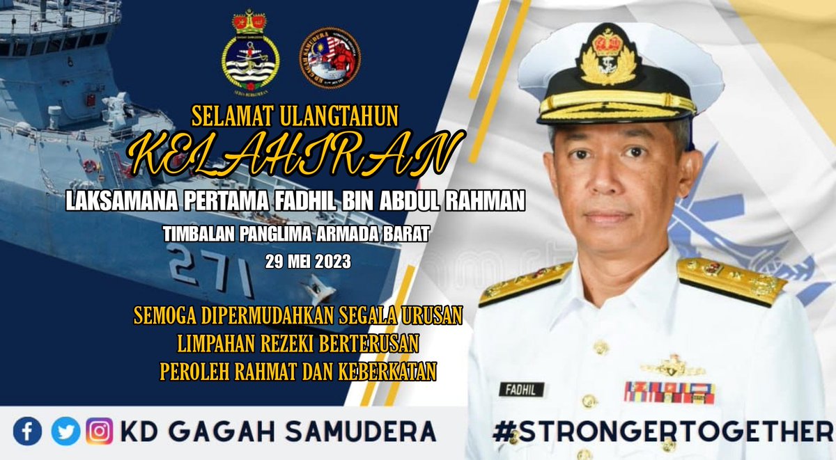 Selamat Ulangtahun Kelahiran YBhg LAKSAMANA PERTAMA FADHIL BIN ABDUL RAHMAN. Timbalan Penglima Armada Barat. Semoga dipermudahkan segala urusan, mendapat limpahan rezeki berterusan dan peroleh rahmat serta keberkatan berpanjangan.