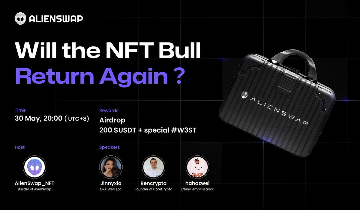 AlienSwap_NFT's tweet photo. 🎙️Join us for #AlienSwap Twitter Space
Topic: Will the NFT Bull Return Again？

Guest: @hahazwei @Jinnyxia @Rencrypta

⏰ 5.30, 08:00 PM UTC+8

🎁 200 $USDT + special #W3ST
🎁 T-shirt/Cup/Boarding luggage Rewards for live Q!

Get rewards https://t.co/S49f6Wmt7M https://t.co/xZW9PIJvaF