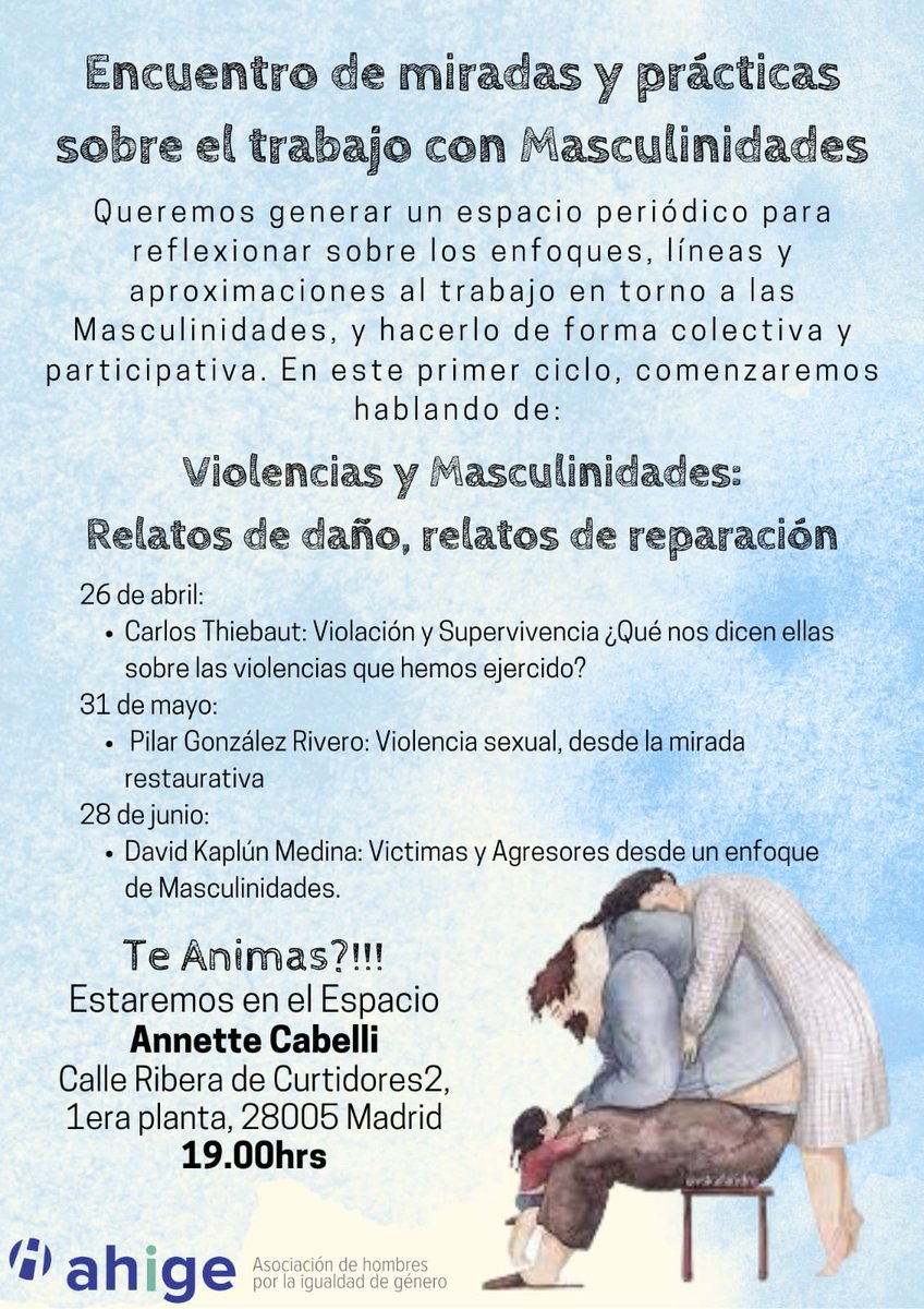 ahigefederal's tweet photo. 📆 Este miércoles 31 de mayo, en el #EspacioAnetteCabelli, Encuentro de miradas y prácticas sobre el trabajo con #Masculinidades, para hablar de #violencias, daño, reparación y  responsabilización. ¡¿Te animas?! 👏
https://t.co/GfBWixJe56 https://t.co/brJ1DCQipd