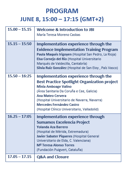 🆕️Do you want to know about nurse-led evidence implementation projects happening in Spain?

Don't miss the #JBIgLOCALSolutionRoom that will be held on the 8th June at 15:00h (GTM+1)

🇬🇧Spanish-English simultaneous interpretation

ℹ️Info and register: implantandoevidencias.es