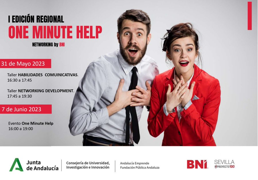cadesevilla's tweet photo. 🎯I edición regional #OneMinuteHelp @bni_sevilla
🔴31 de mayo:
Taller 'Habilidades comunicativas'
Taller 'Networking development'
⚫️7 de junio:
Evento 𝗢𝗻𝗲 𝗠𝗶𝗻𝘂𝘁𝗲 𝗛𝗲𝗹𝗽
Inscríbete🖱️https://t.co/OrGNoWLkn1
#territorioemprende @aemprende @UniversidadAnd https://t.co/2PlTvSSpCk