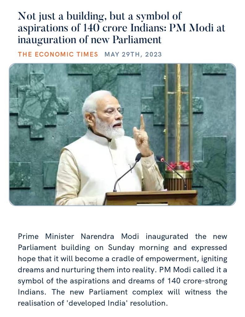 PMO India (@PMOIndia) on Twitter photo 2023-05-29 09:49:23 Not just a building, but a symbol of aspirations of 140 crore Indians: PM @narendramodi at inauguration of new Parliament economictimes.indiatimes.com/news/india/not… via NaMo App Not just a building, but a symbol of aspirations of 140 crore Indians: PM @narendramodi at inauguration of new Parliament economictimes.indiatimes.com/news/india/not… via NaMo App