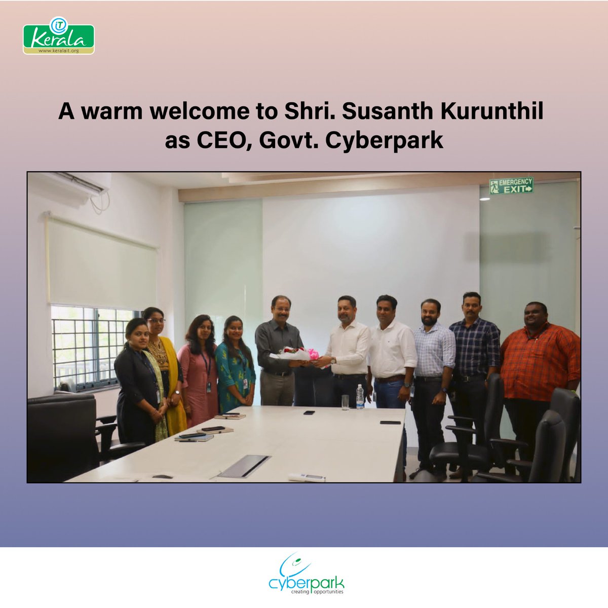 Shri. Susanth Kurunthil, Chief Executive Officer, Infopark will hold the additional charge of the post of Chief Executive Officer, Cyberpark. Here’s how the Government Cyberpark team welcomed him.

#KeralaIT #CyberparkKozhikode #KeralaITParks #Infopark #CEO #WarmWelcome