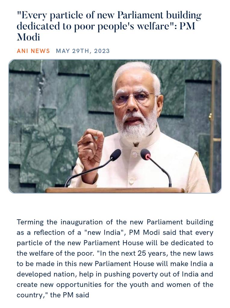 PMO India (@PMOIndia) on Twitter photo 2023-05-29 09:50:09 'Every particle of new Parliament building dedicated to poor people's welfare': PM @narendramodi aninews.in/news/national/… via NaMo App 'Every particle of new Parliament building dedicated to poor people's welfare': PM @narendramodi aninews.in/news/national/… via NaMo App