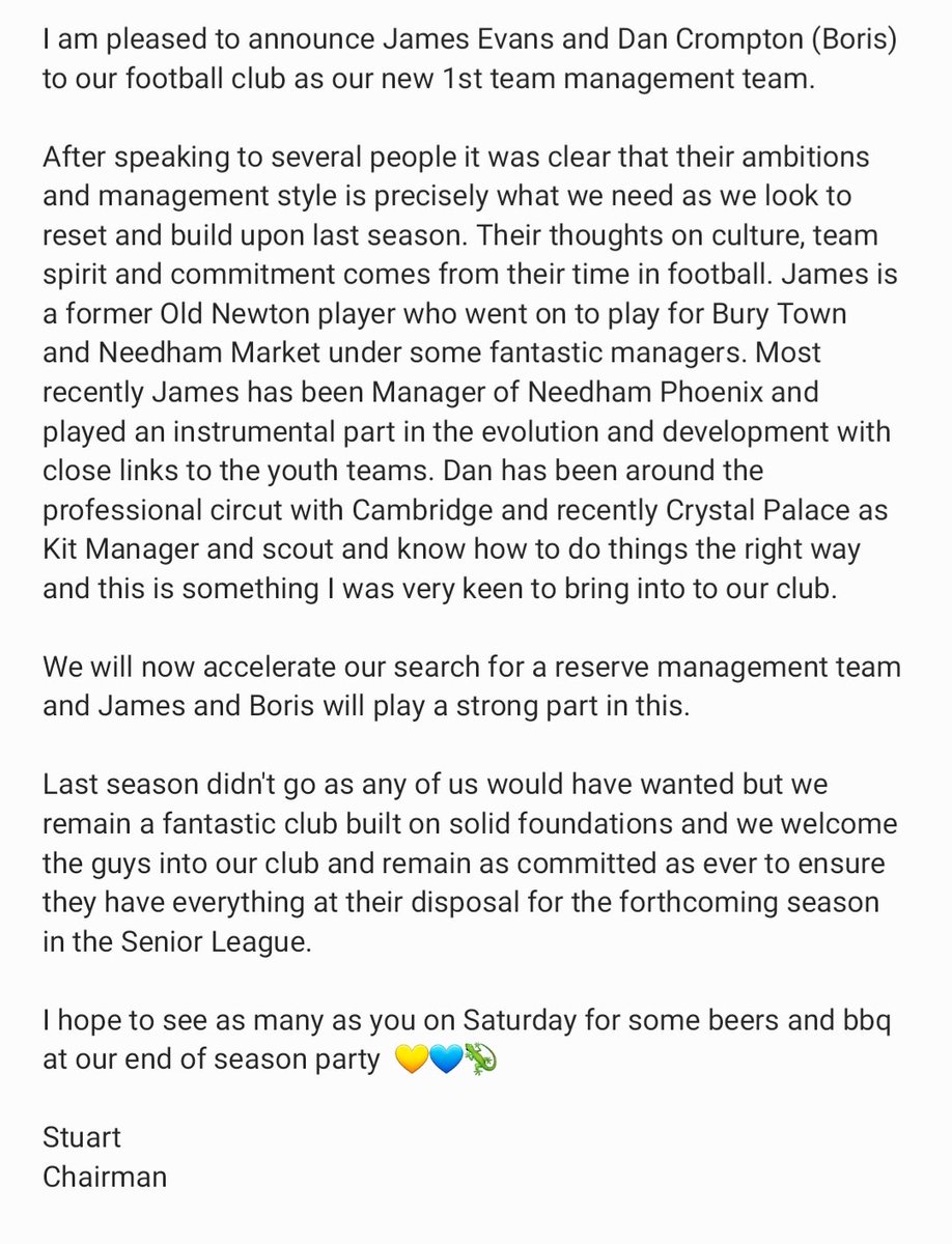 OldNewtonUnited's tweet photo. Breaking news on a bank holiday as we welcome @JDEvans8304 &amp; @DCromp23 as our new 1st Team Management team✍️🤝 💛💙🦎 @SILHQ @SuffolkFA https://t.co/k539wmUyhk