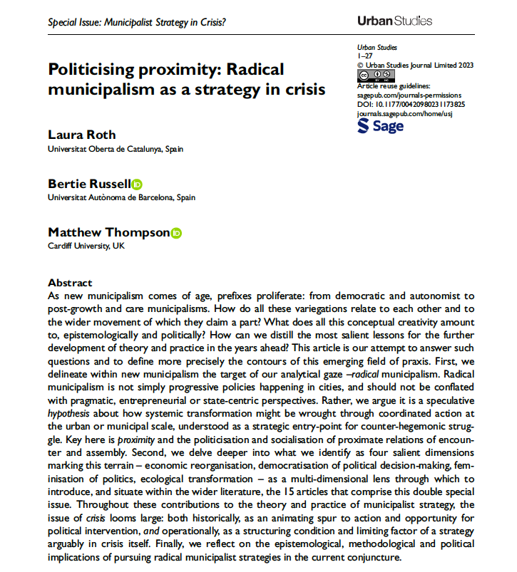 Editorial for our @USJ_online SI *Municipalist Strategy in Crisis?* just published open access (...on the day Barcelona En Comú lose office)

@alterurbanist, @LauCRoth & I assess the challenges and prospects facing what we define as *radical municipalism*

journals.sagepub.com/doi/10.1177/00…