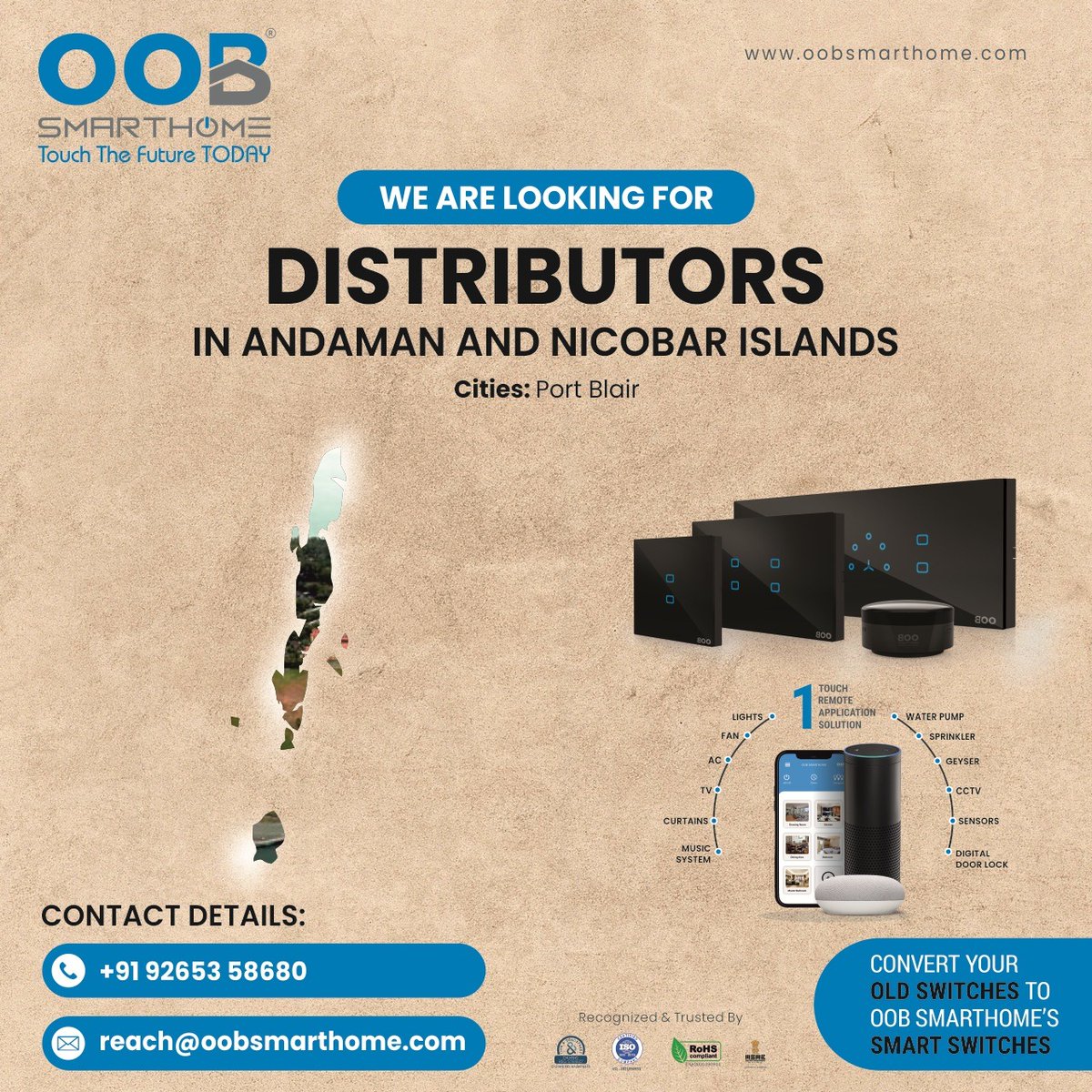 OobSmartHome's tweet photo. Oob SmartHome - We Are Looking for Distributor #Andaman and #Nicobar Islands #smarthome #oobsmarthome #saveenergy #homeautomation #touchswitch #smartcity #smartindia #modernswitch #utlimateswitch #smartvillage #getdistributor #distributors #panindia #opportunity #cagr https://t.co/5wT1oXBiYa
