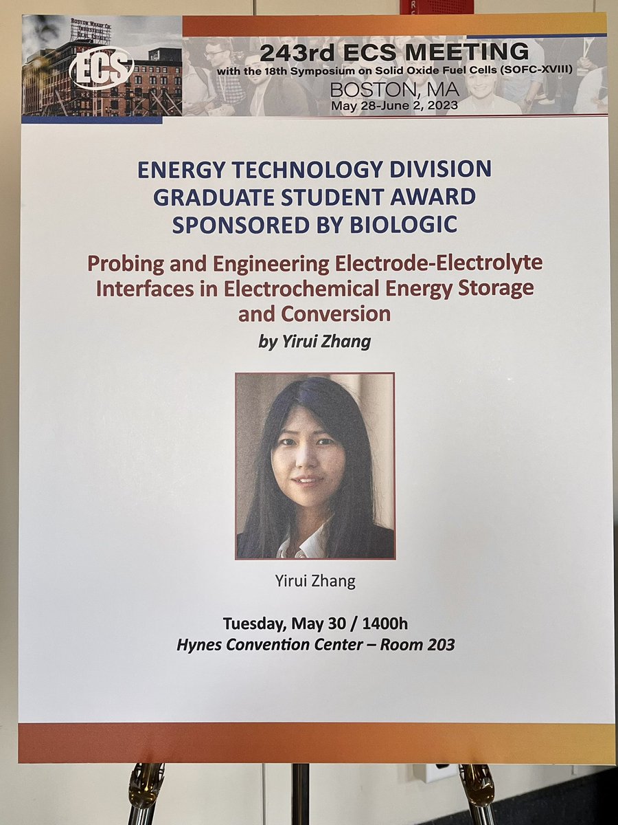 I will give the Energy Technology Division Graduate Student Award address about my PhD work <a href="/MITMechE/">MIT MechE</a> <a href="/EELabMIT/">Electrochemical Energy Laboratory</a>. Look forward to meeting and discussing with <a href="/ECSorg/">ECS</a> friends!

Tuesday, 14:00-14:40 
Hynes Convention Center – Room 203