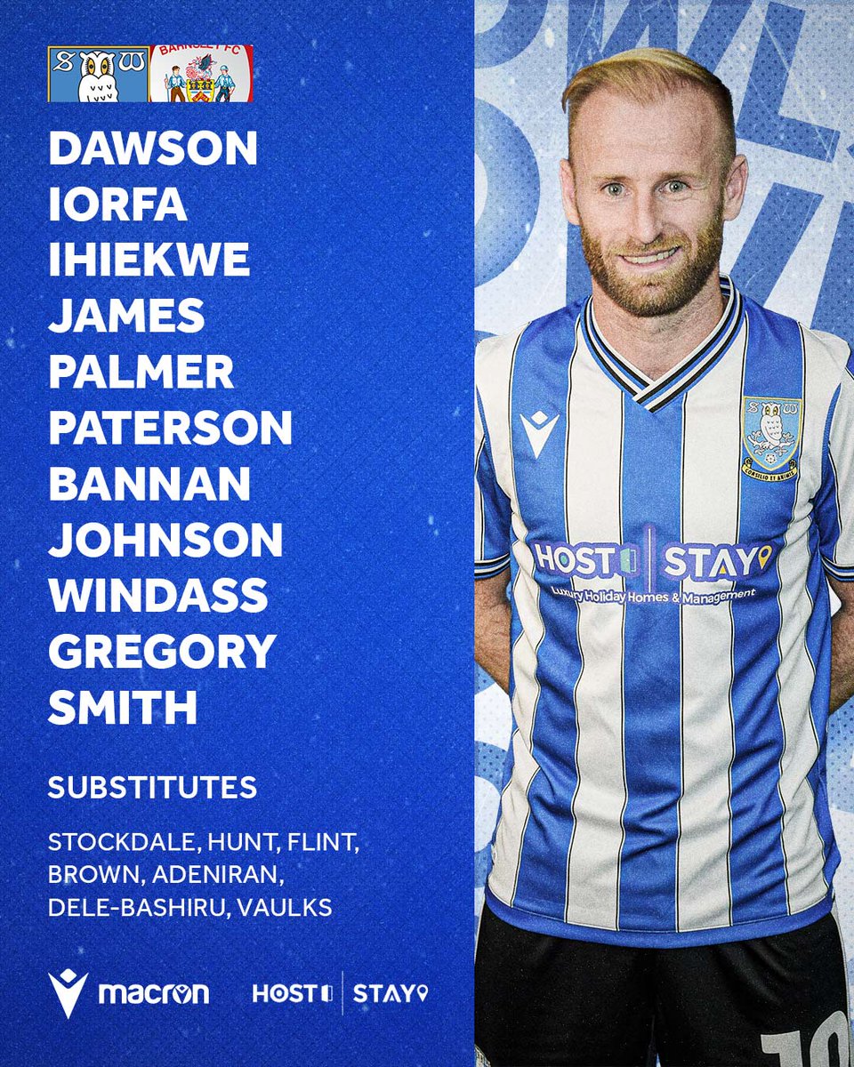 swfc's tweet photo. Here's how we line up at Wembley! #SHWBAR

XI: Dawson, Iorfa, Ihiekwe, James, Palmer, Paterson, Bannan, Johnson, Windass, Gregory, Smith

SUBS: Stockdale, Hunt, Flint, Brown, Adeniran, Dele-Bashiru, Vaulks https://t.co/nGGnBCAZ24