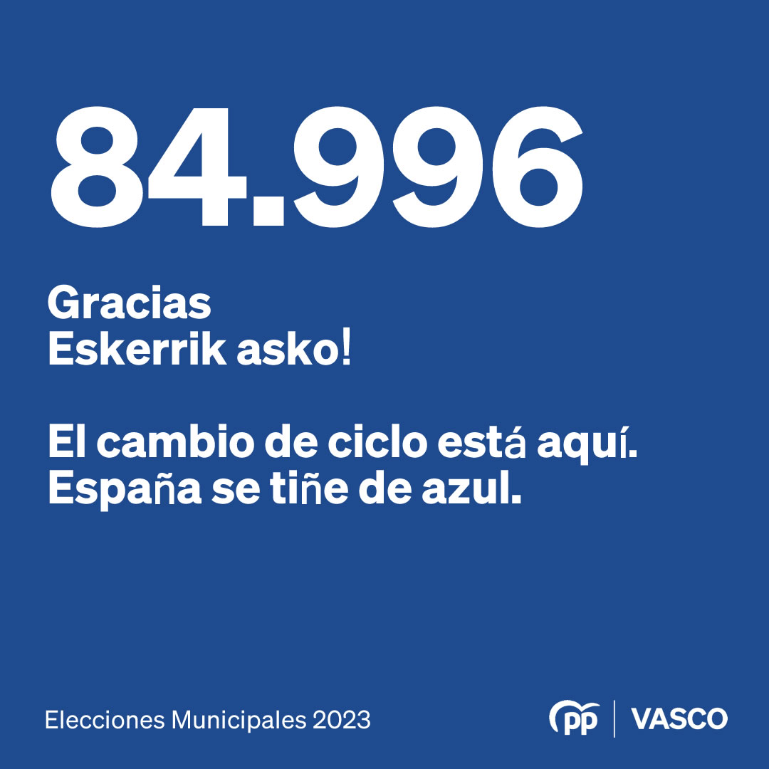 👏 ¡Gracias a todos los vascos que han confiado en el <a href="/ppopular/">Partido Popular</a> vasco en estas elecciones!

🔵#Gracias
🔵#EskerrikAsko

💬<a href="/carlositurgaiz/">Carlos Iturgaiz</a>  "El #28M supone el triunfo en una meta volante, pero hay que trabajar para llegar a la meta final que son las próximas elecciones generales"