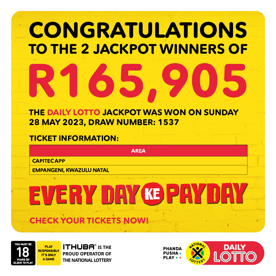 Congratulations to the 7 lucky #DAILYLOTTO jackpot winners who WON over the weekend! 2 winners won R268,923.50 each from the 26/05/23 draw. 3 winners won R148,125.50 each from the 27/05/23 draw. 2 winners won  R165,905.00 from the 28/05/23 draw.#PhandaPushaPlay