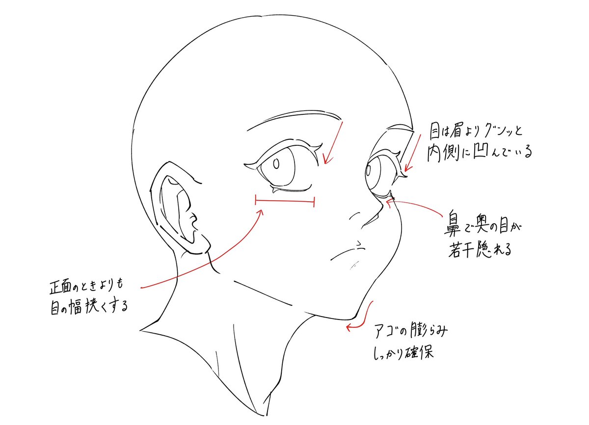 斜め向きの顔を描くときのポイントメモです。