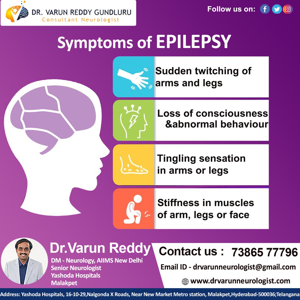 A #Seizure happens due to sudden uncontrolled electrical activity in the brain. This can result in jerking movements of hands and legs with tightness, confusion.
#Encephalitis #Dementia #vertigo #Transverse myelitis #Ataxia #Dural arteriovenous fistula #Myositis