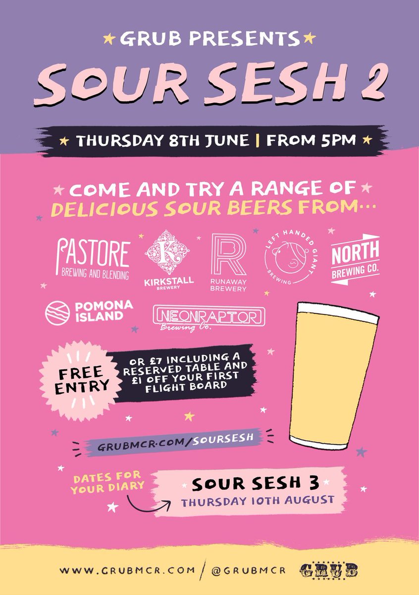 GRUB (@grubmcr) on Twitter photo 🍺JUST ONE WEEK AWAY🍺
Our next Sour Sesh takes place on Thu 8 June with some of the finest brewers around providing you with sour goodness inc. <a href="/LHGBrewingco/">Left Handed Giant</a> <a href="/NorthBrewCo/">North Brewing Co</a> <a href="/kirkstallbrew/">Kirkstall Brewery</a> <a href="/neonraptorbrew/">Neon Raptor Brewing Co.</a> and more... grubmcr.com/soursesh 🍺JUST ONE WEEK AWAY🍺
Our next Sour Sesh takes place on Thu 8 June with some of the finest brewers around providing you with sour goodness inc. <a href="/LHGBrewingco/">Left Handed Giant</a> <a href="/NorthBrewCo/">North Brewing Co</a> <a href="/kirkstallbrew/">Kirkstall Brewery</a> <a href="/neonraptorbrew/">Neon Raptor Brewing Co.</a> and more... grubmcr.com/soursesh