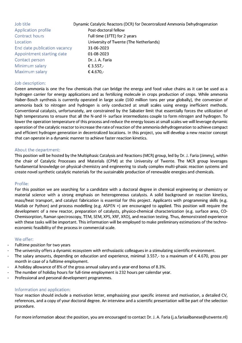I am looking for a PD researcher for a new project on Dynamic Catalytic Reactors for Decentralized Ammonia Dehydrogenation. 
RT is highly appreciated! 😉
