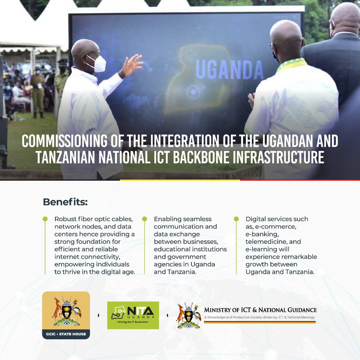 BENEFITS #DigitizeUg @NITAUganda1 
📌 Fiber optic cables provide reliable internet connectivity.
📌 Enabling seamless communication and data exchange between Uganda and Tanzania.
📌 Digital services are expected to grow between Uganda and Tanzania.