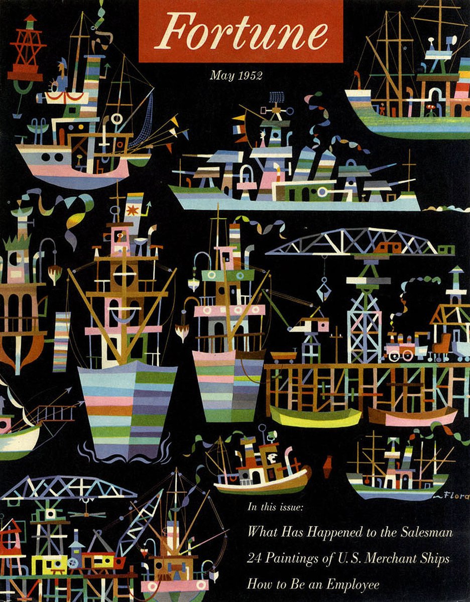 LRonLacy's tweet photo. #Fortune in #MAY 1952
‘24 Paintings of U.S. Merchant Ships’ Cover of Fortune magazine, May 1952
Illustration by James (Jim) Flora (1914-1998)
👉ALT
#illustration #illustrationart #illustrationartists #JamesFlora #JimFlora #ships #boats #piers https://t.co/HuyyuJDUNr