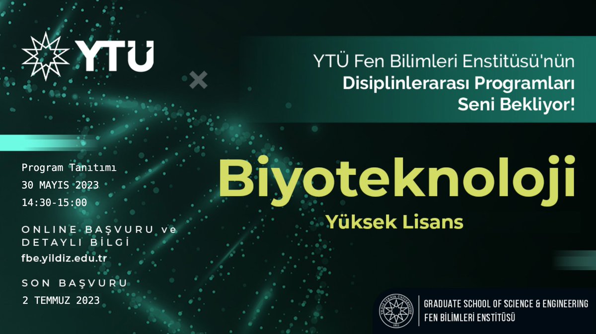 YTUFBE's tweet photo. FBE Biyoteknoloji 🔬🦠
Yüksek Lisans ve Doktora Programı 👨🏻‍🎓👩🏻‍🎓
Başvuruları Devam Ediyor 📢📢

Son Başvuru Tarihi:
📆2 Temmuz 2023

Online Program Tanıtımı:
📆30 Mayıs 2023
⏰14:30-15:00

Detaylar: 🔍
https://t.co/hS1EAi8Gsb

@YildizEdu
#EğitimdeLiderYTÜ
#ARGEdeLiderYTÜYTÜ https://t.co/lyDPH1Casy