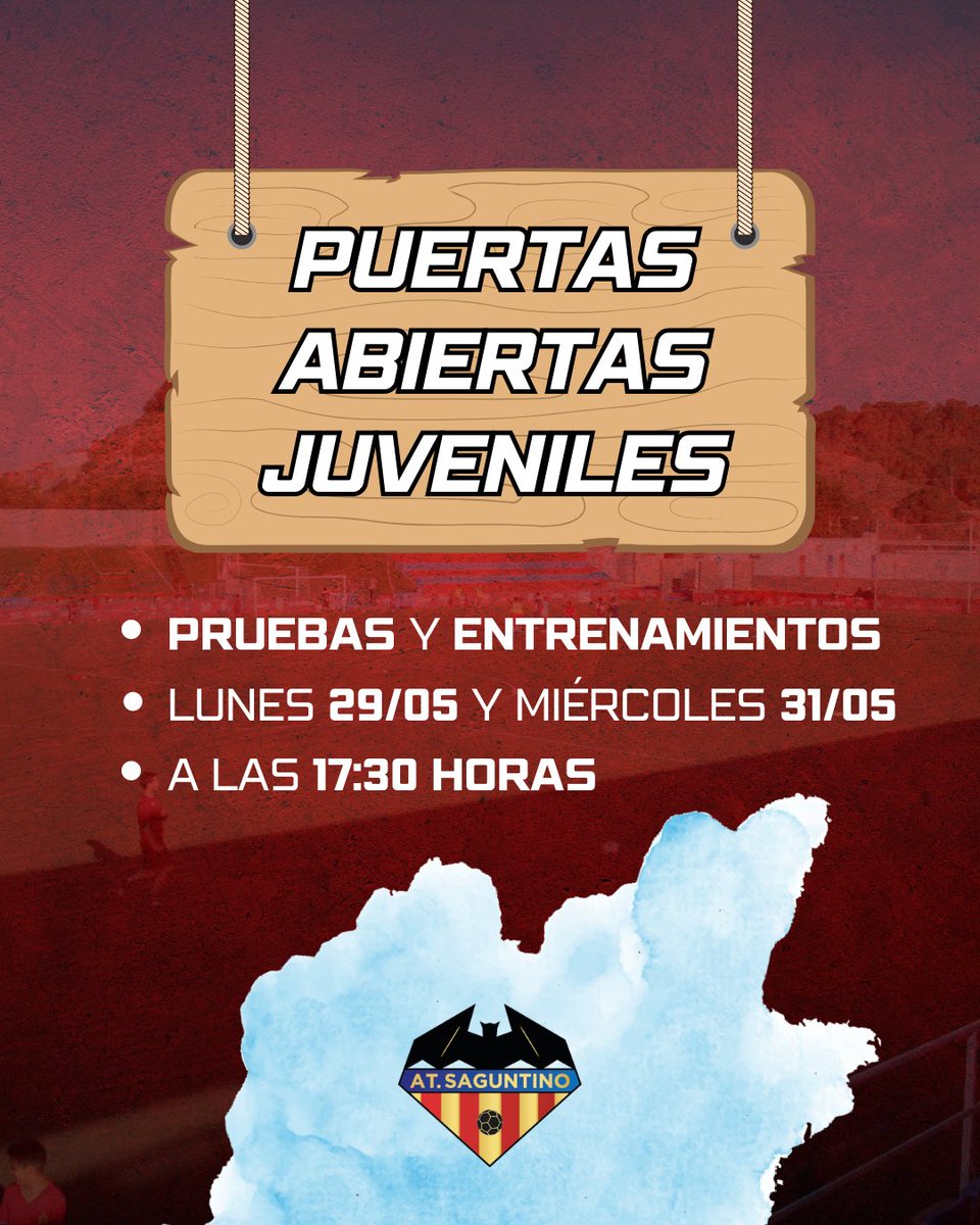 ⚽ 𝐏𝐔𝐄𝐑𝐓𝐀𝐒 𝐀𝐁𝐈𝐄𝐑𝐓𝐀𝐒 𝐉𝐔𝐕𝐄𝐍𝐈𝐋𝐄𝐒

Todos los juveniles que quieran formar parte de la academia de un club de #SegundaFederación, ¡¡que se pasen por el Nou Camp de Morvedre!! 😉❤️💙⚔️

📆 29/05 y 31/05
⏰ 17:30h