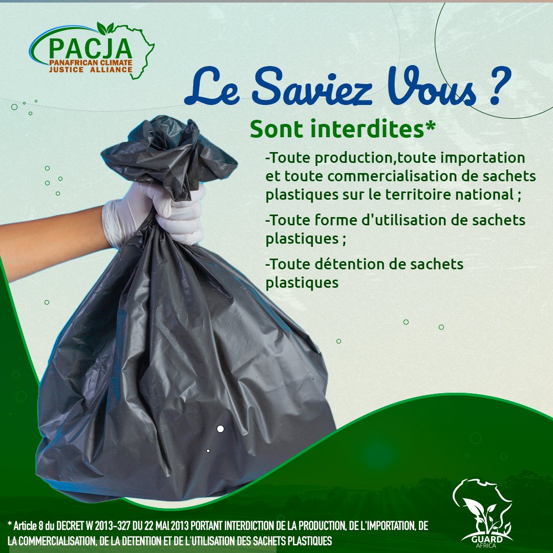 Le saviez-vous ?
En 2013, le gouvernement de Côte d'Ivoire a publié un décret (W 2013-327 du 22 Mai 2013. ) pour interdire totalement les sachets plastiques sur le territoire national.
#CombattreLaPollutionPlastique #StopPlastique #ZéroDéchet <a href="/PACJA1/">PACJA</a> @Mineddci
