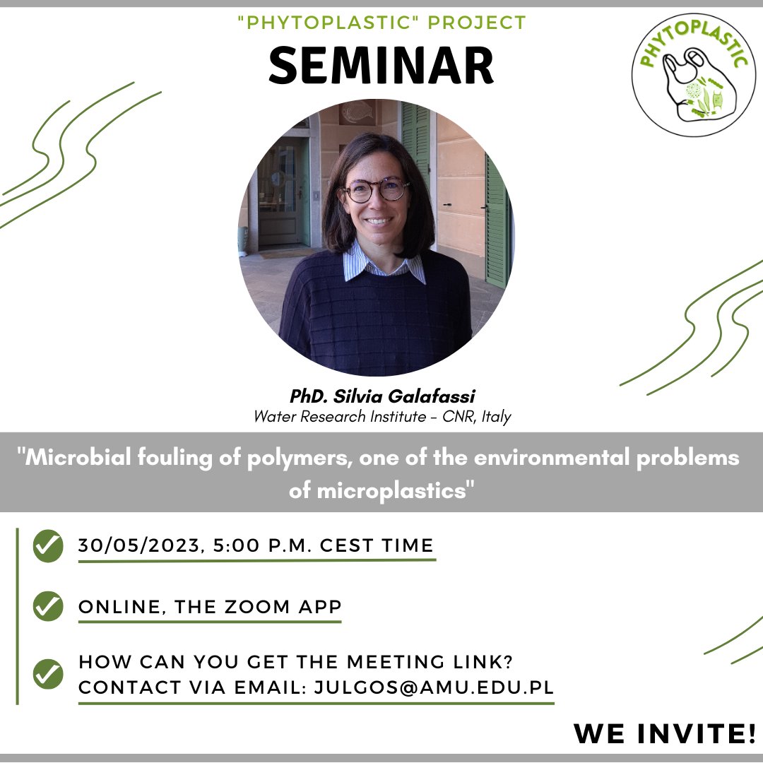 We invite you to our seminar! 📢 📢 📢 The speaker ➡️ PhD Silvia Galafassi. We will talk about 'Microbial fouling of polymers, one of the environmental problems of microplastics'. Welcome to the discussion! 💬 🗣️
#phytoplastic #microplastics #science